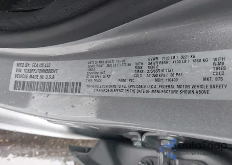 2021 Ram 1500 Laramie 4X4 5'7 Box z USA, uszkodzony, nr VIN 1C6SRFJT6MN580347